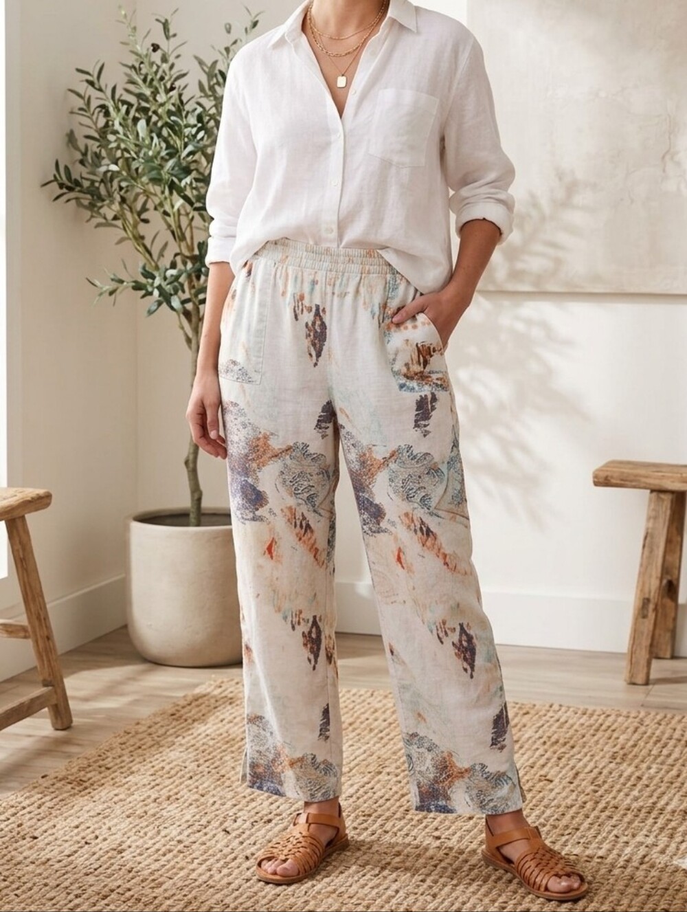 Chico's Linen-Blend Wide Leg Pants in White with Multicolor Print